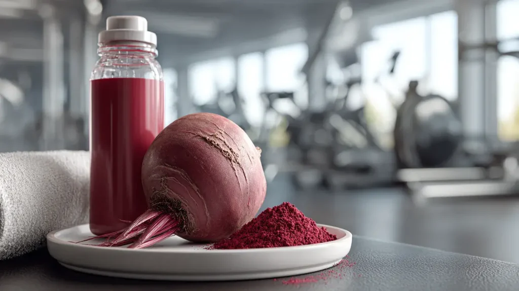 Betterave rouge fraîche posée sur une assiette sur un banc de musculation avec poudre de betterave et shaker de boisson rouge à côté