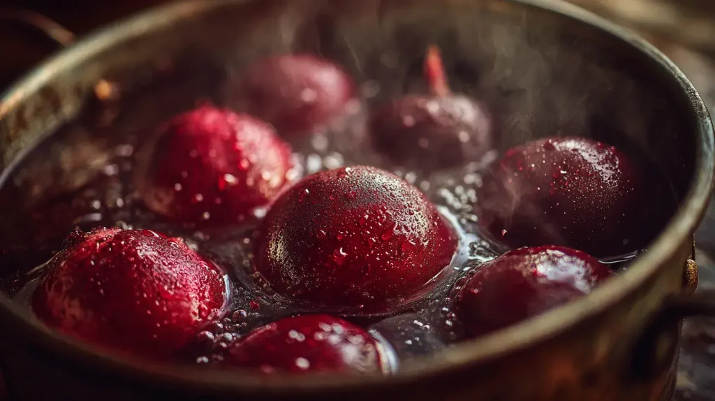 Gros plan de betteraves rouges plongées dans de l’eau chaude frémissante, avec vapeur visible et couleurs rouges intenses dans une ambiance de cuisine rustique