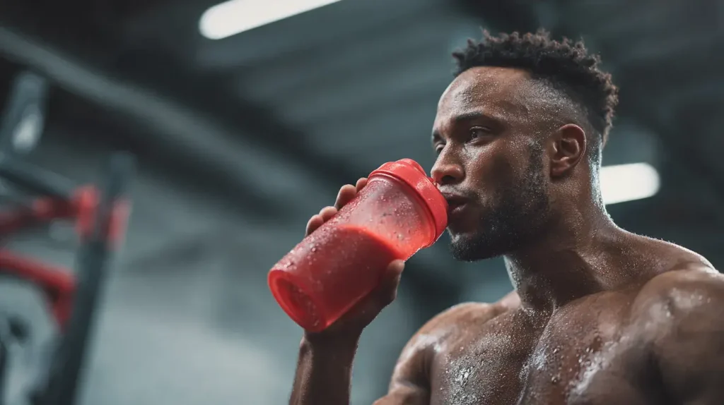 Sportif en séance de musculation buvant un shaker rouge