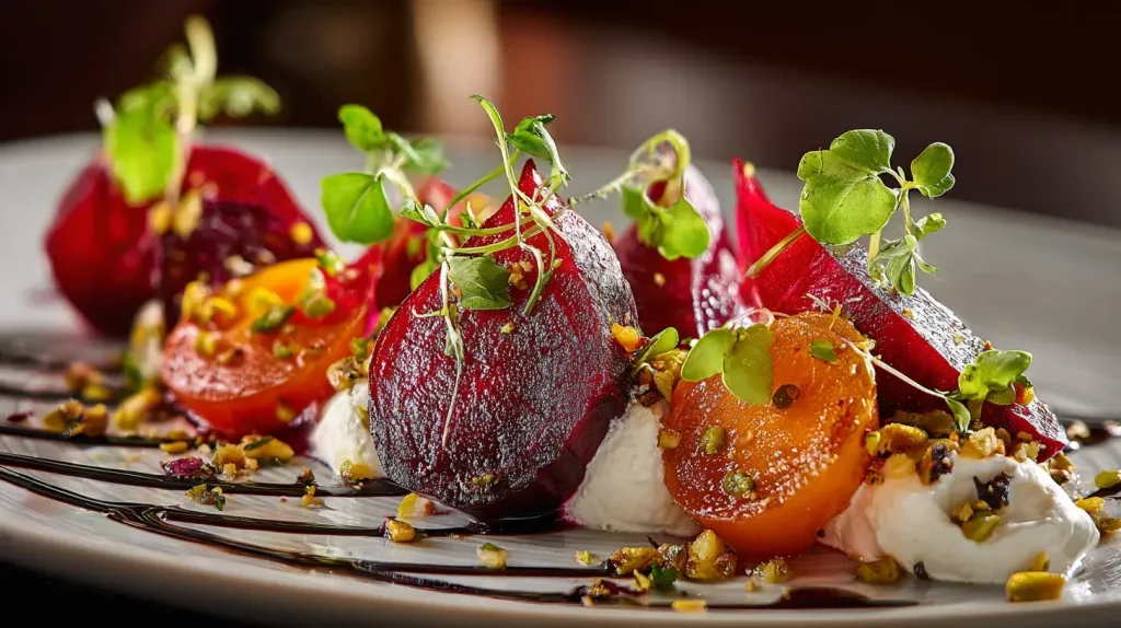 Plat gastronomique élégamment dressé avec betterave rouge rôtie, mousse de fromage de chèvre, micro-pousses, pistaches et filet de glaçage balsamique dans un restaurant raffiné