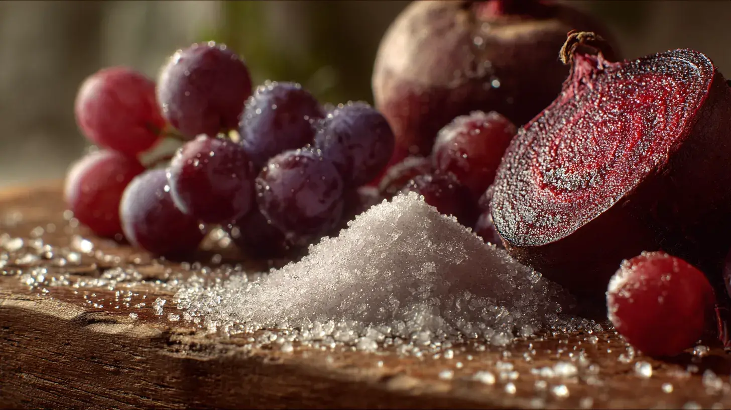 Poudre d’oxyde citrique avec betterave fraîche et grappes de raisin sur table rustique