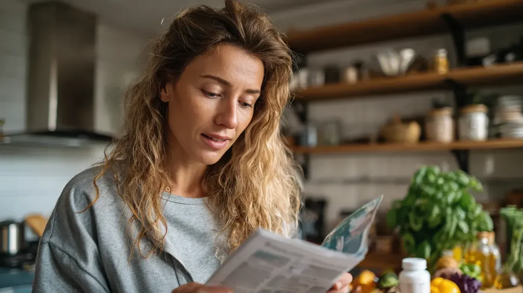 une femme lit un documents expliquant comment prendre le bacopa monnieri
