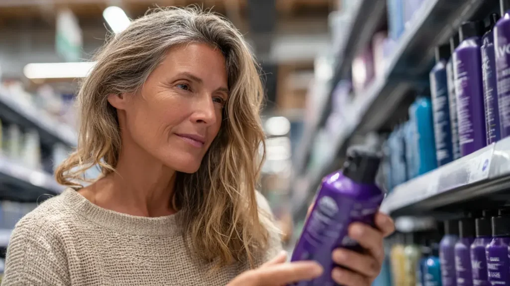 une femme achète un shampoings cheveux blancs 