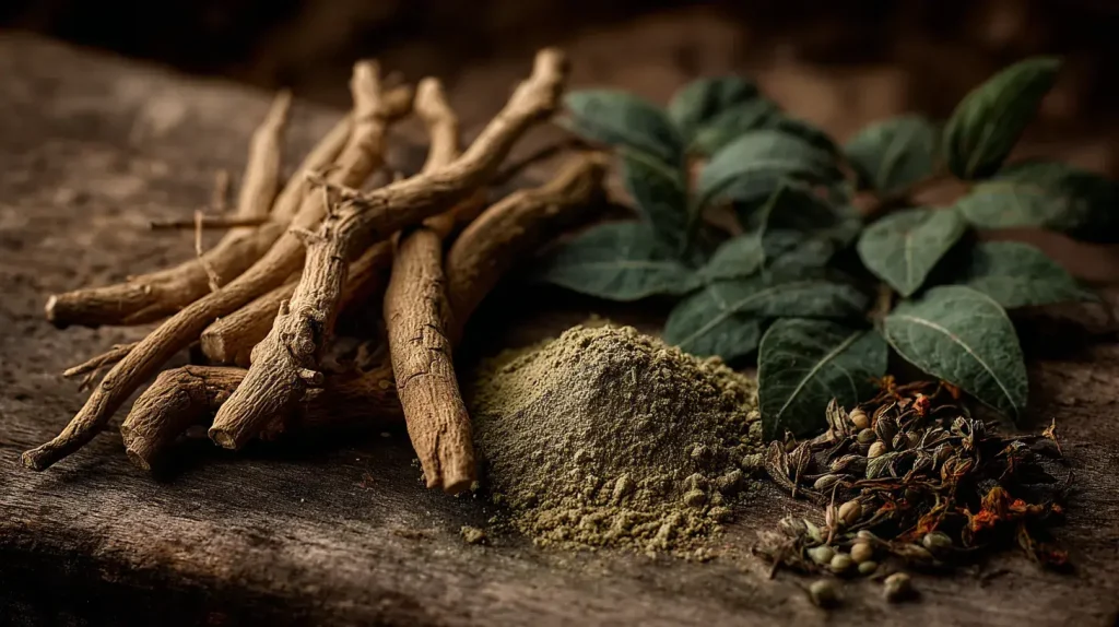 racines d’ashwagandha, salsepareille et fadogia agrestis disposées sur une table en bois, plantes naturelles utilisées pour réguler les hormones
