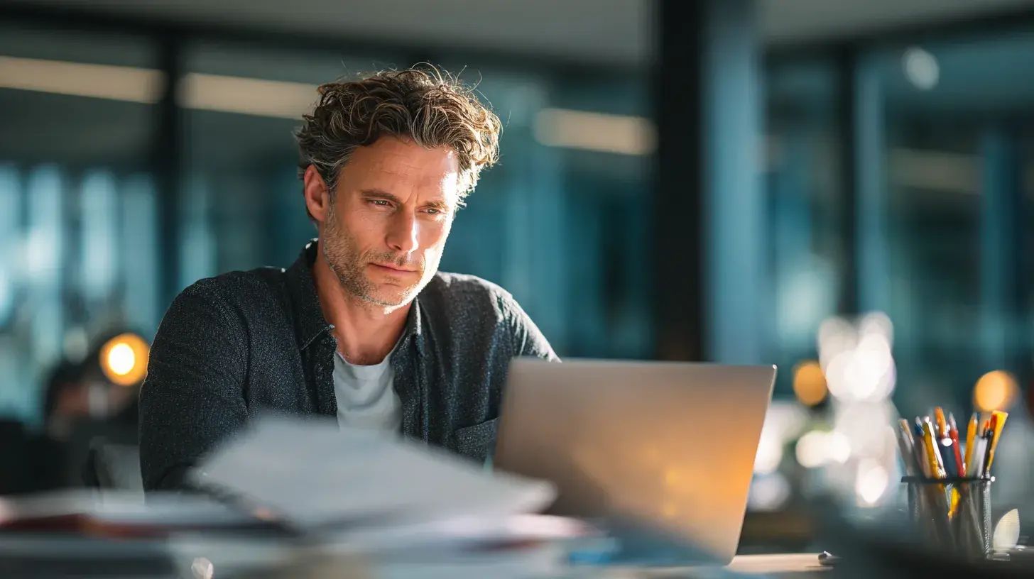Portrait d'un homme dans un bureau chaleureux, symbolisant la concentration et la clarté mentale apportées par l'inca Inchi