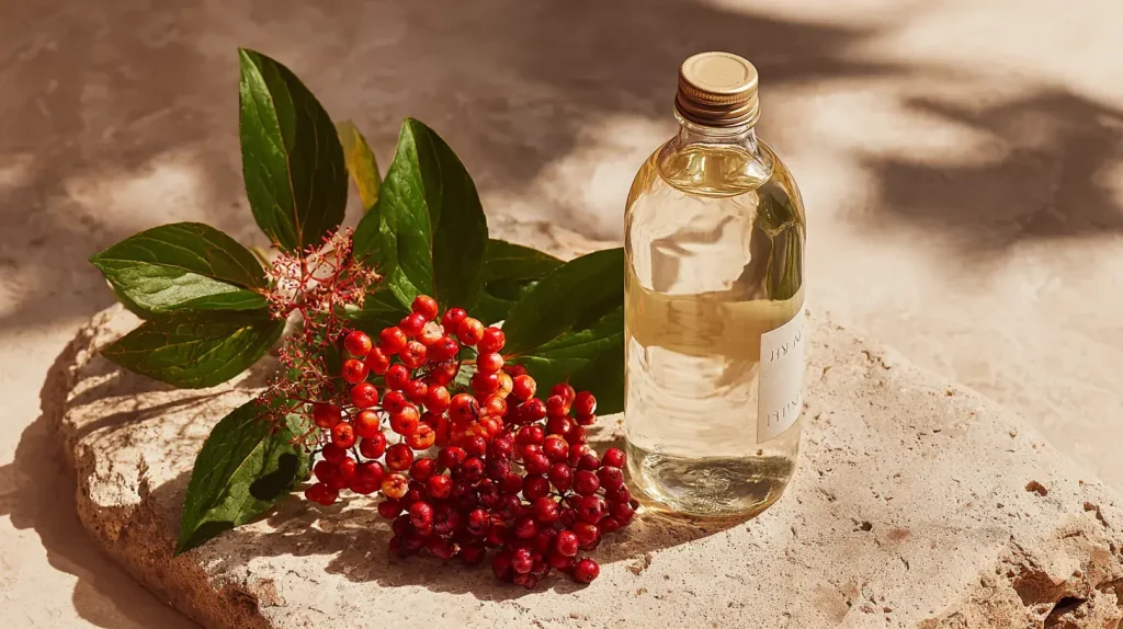 Photographie produit ultra réaliste d’une boisson artisanale à la salsepareille dans une bouteille avec une lumière chaude de fin de journée.