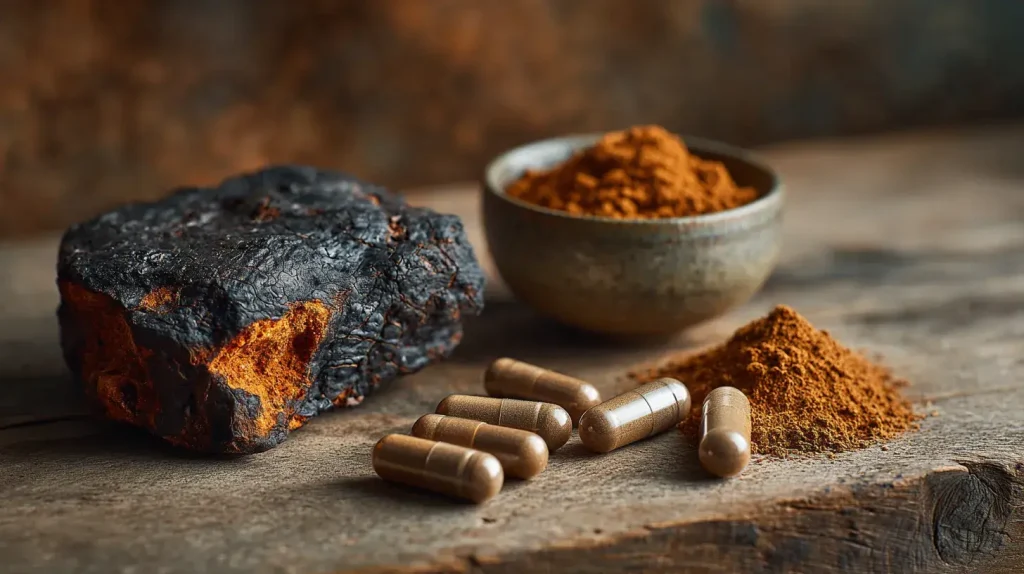 Champignon chaga brut à côté de gélules et de poudre de chaga sur une table en bois