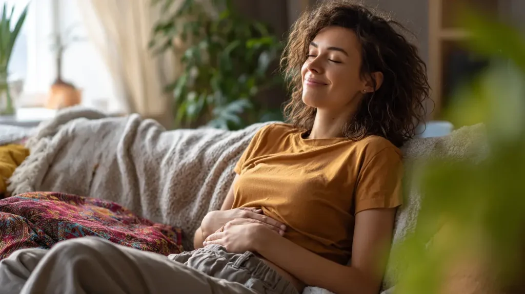 Jeune adulte détendu représentant le confort digestif naturel lié à la sallsepareile dans un salon chaleureux