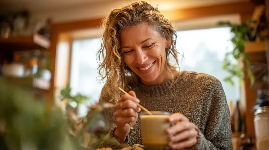 Femme buvant une boisson au shatavari dans une cuisine chaleureuse éclairée par la lumière du matin
