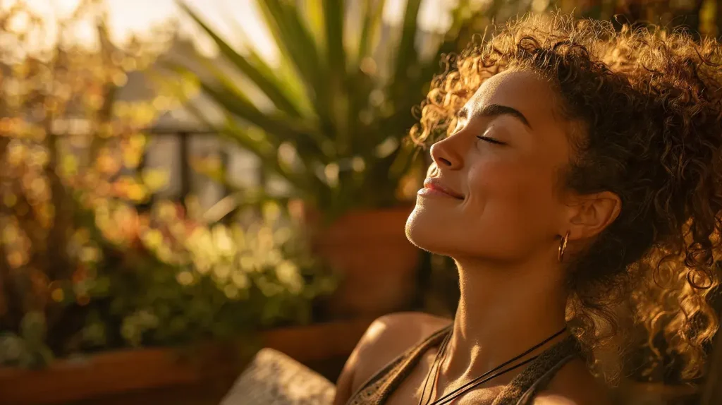Femme souriante et détendue les yeux fermés profitant du soleil du matin sur un balcon entouré de plantes