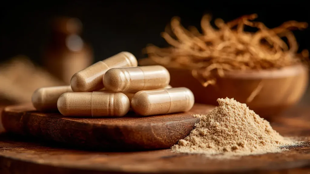 Gélules de shatavari avec poudre et racines séchées sur table en bois à la lumière naturelle