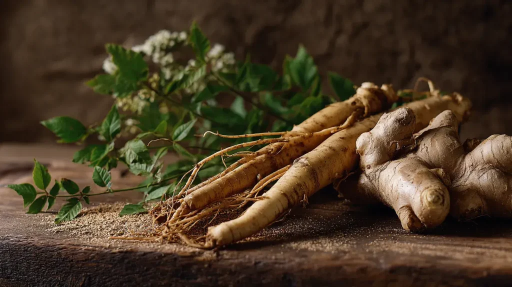 Racines de ginseng posées à côté de gingembre frais sur une table en bois, plantes naturelles utilisées en phytothérapie