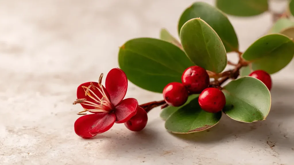 Grande plantation tropicale de sallsepareile avec lianes vertes et baies rouges