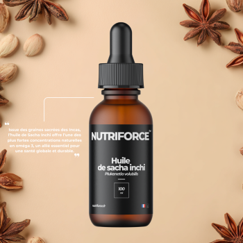 flacon d'huile d'inca inchi nutriforce pour protéger le coeur, les cheveux et la peau
