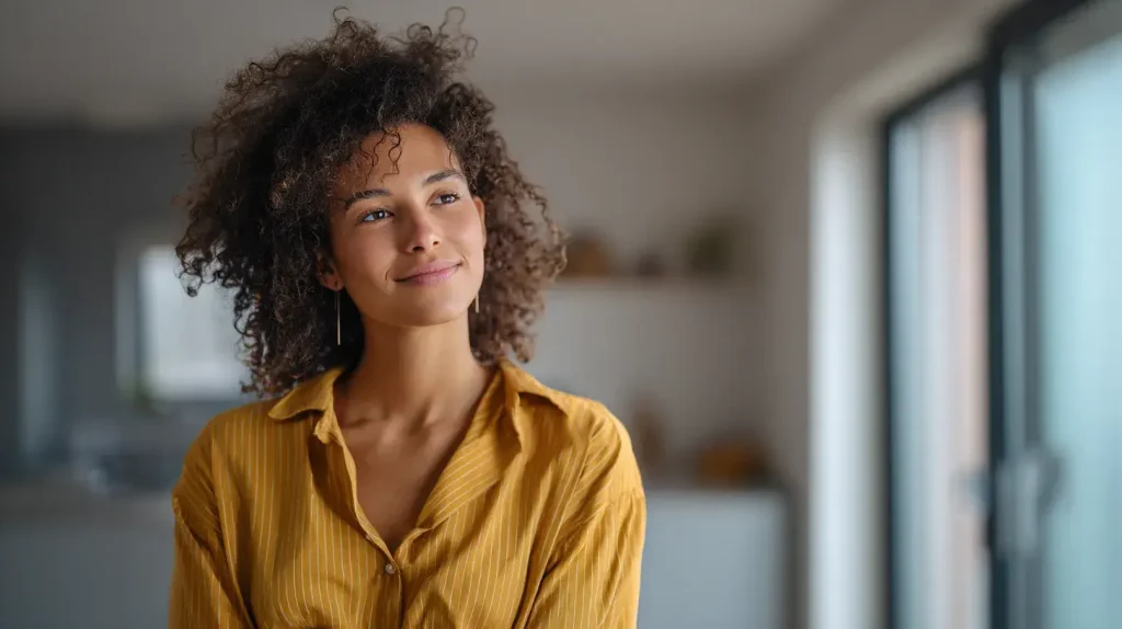 Personne rayonnante dans un intérieur lumineux illustrant l’équilibre et réguler les hormones avec les plantes naturelles