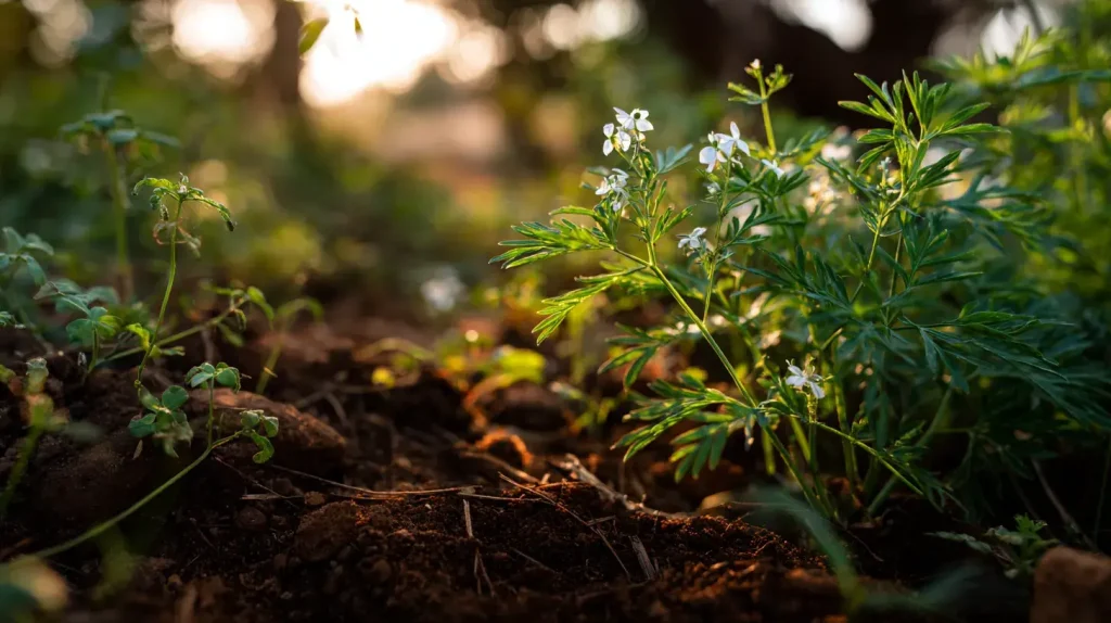 Plante de shatavari fraîche poussant dans la terre avec feuillage vert délicat au coucher du soleil