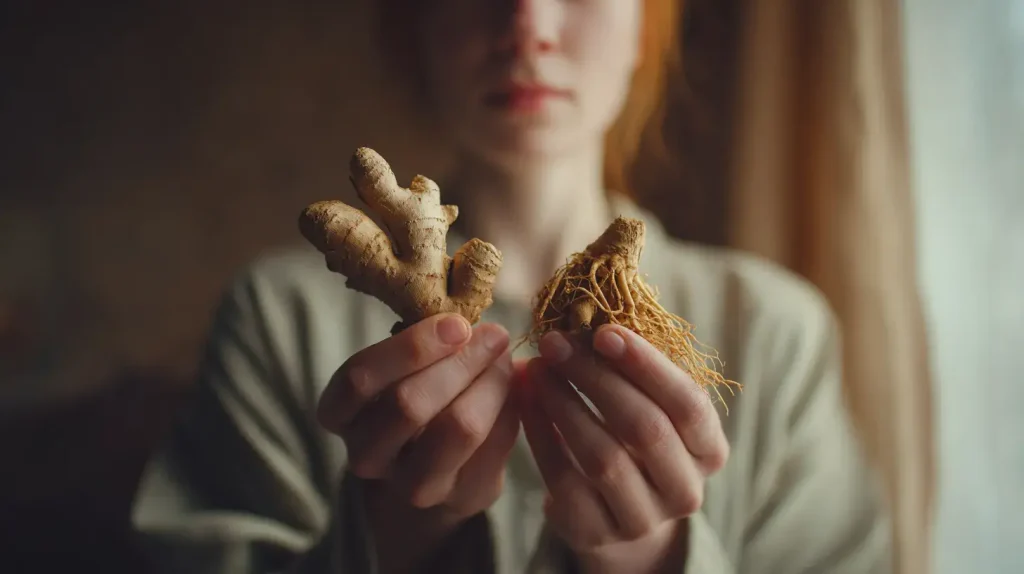 Personne tenant du gingembre dans une main et une racine de ginseng dans l’autre, ingrédients naturels pour la vitalité