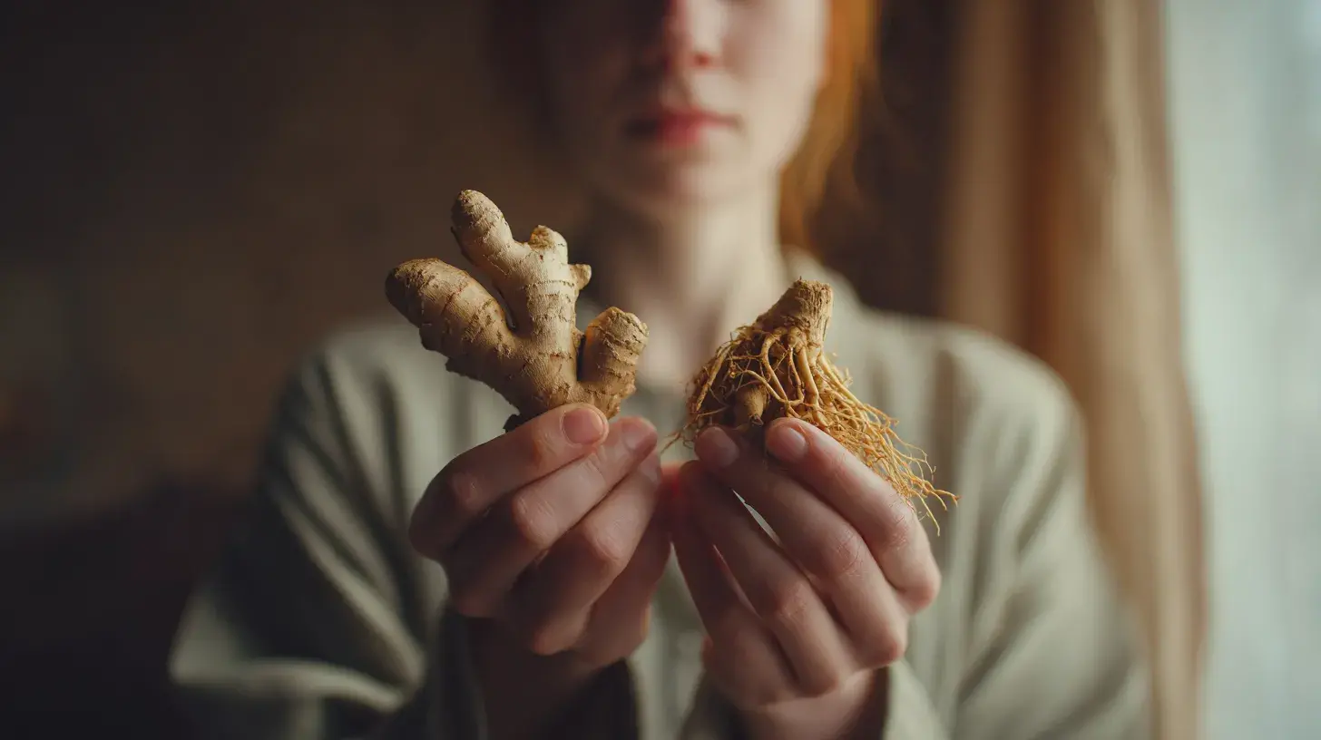 Personne tenant du gingembre dans une main et une racine de ginseng dans l’autre, ingrédients naturels pour la vitalité