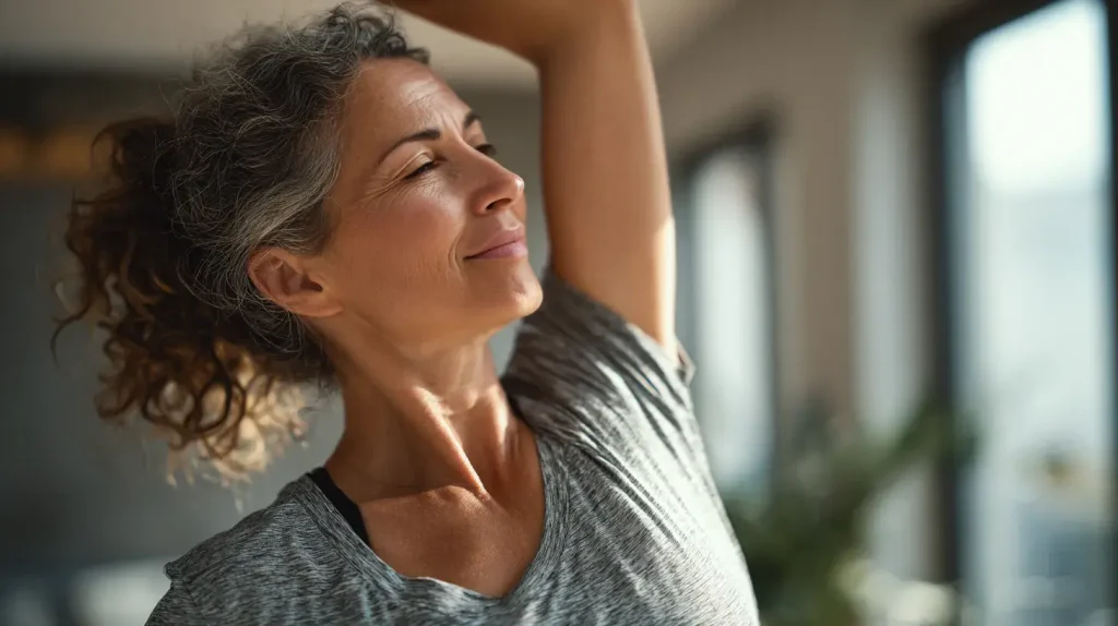 Personne active illustrant la santé articulaire naturelle associée à la sallsepareile dans un intérieur lumineux
