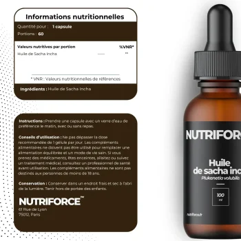 Tableau nutritionnel détaillé du complément alimentaire Nutriforce à base d'huile de Sacha Inchi, affichant la composition et les conseils d'utilisation