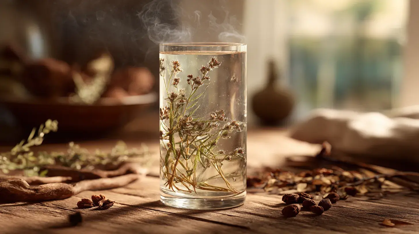 Verre d’eau infusé à l’ashwagandha, salsepareille et fadogia agrestis, boisson naturelle pour réguler les hormones avec les plantes