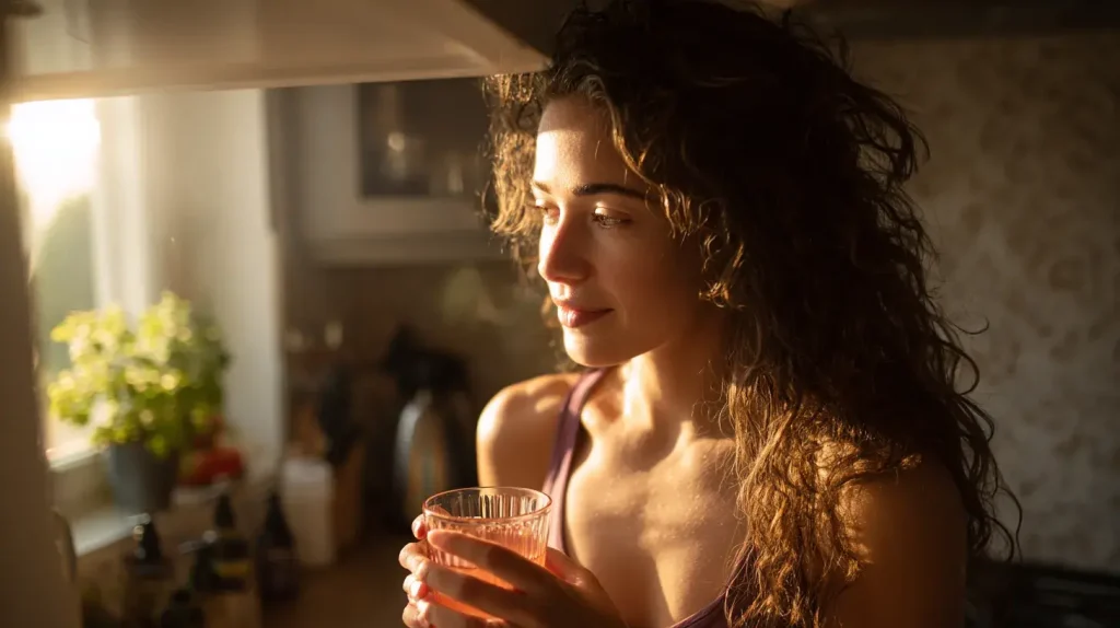 une femme prend de la glutamine le matin