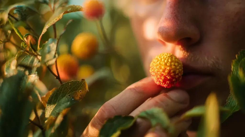 Personne goûtant une fleur fraîche de spilanthes pour ses bienfaits avec expression curieuse dans un jardin