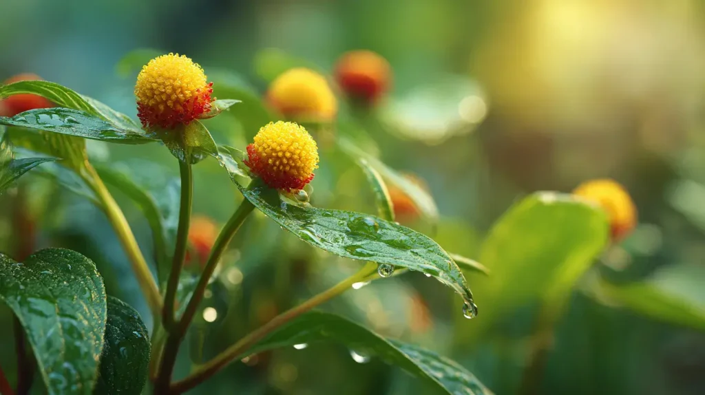 Plante de spilanthes avec feuilles vertes et fleur jaune et rouge en macro dans un jardin tropical