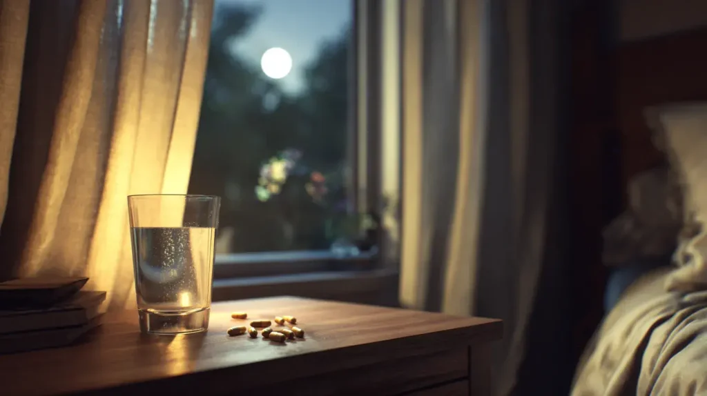 théanine pour le sommeil dans un verre sur une table de nuit