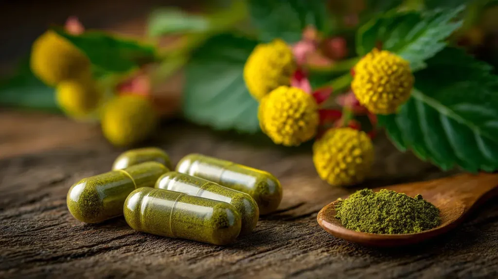 Gélules de spilanthes avec bienfaits avec feuilles et fleurs sur une surface en bois