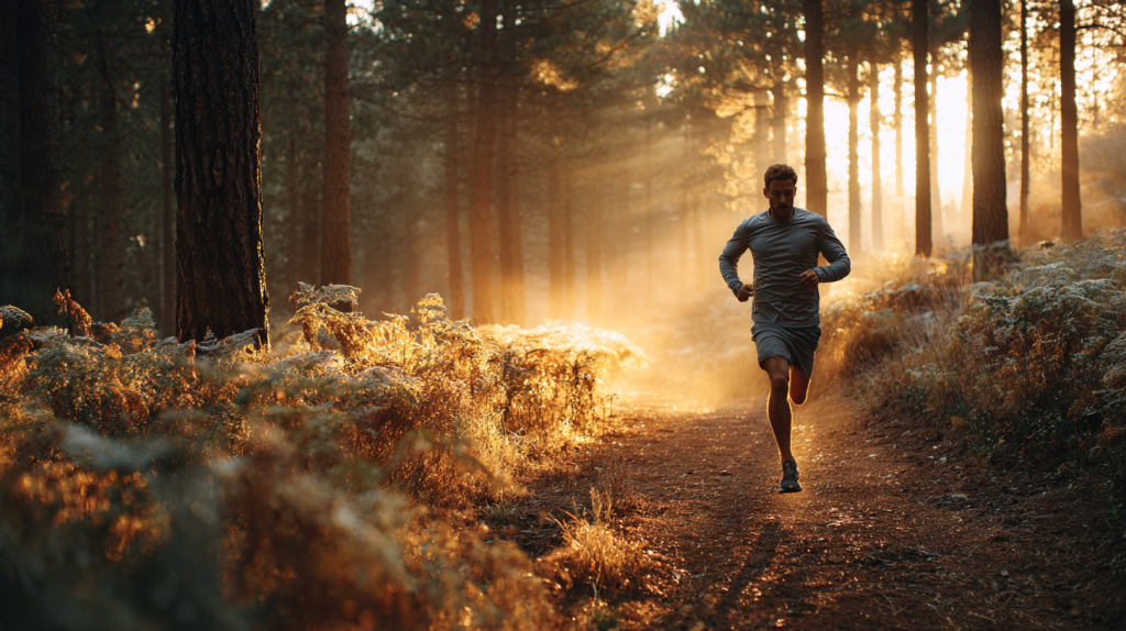 Personne sportive courant à pleine vitesse sur un sentier en forêt , il a consommé de la maltodextrine pour son endurance