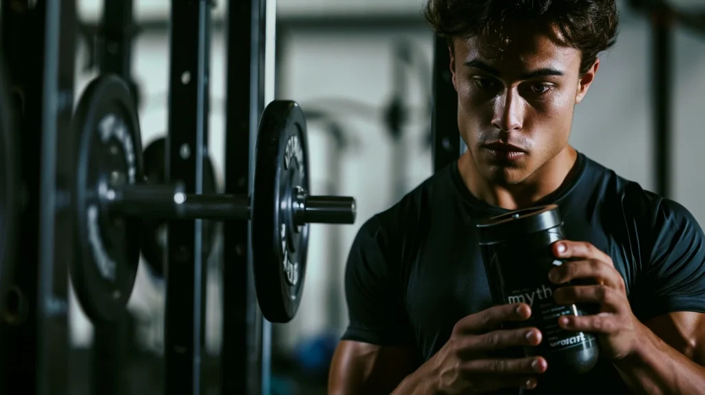 un athlète pensif dans une salle de sport, tenant un shaker de protéines et le regardant avec doute.
