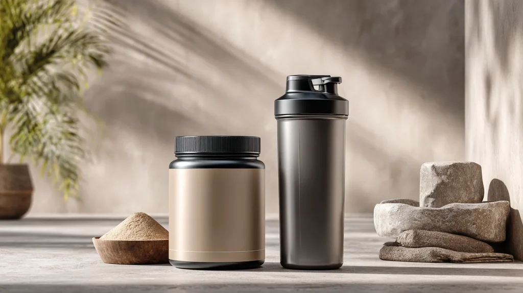 Présentation d'un shaker de protéine et de flacons de compléments alimentaires sur une table dans les tons neutres
