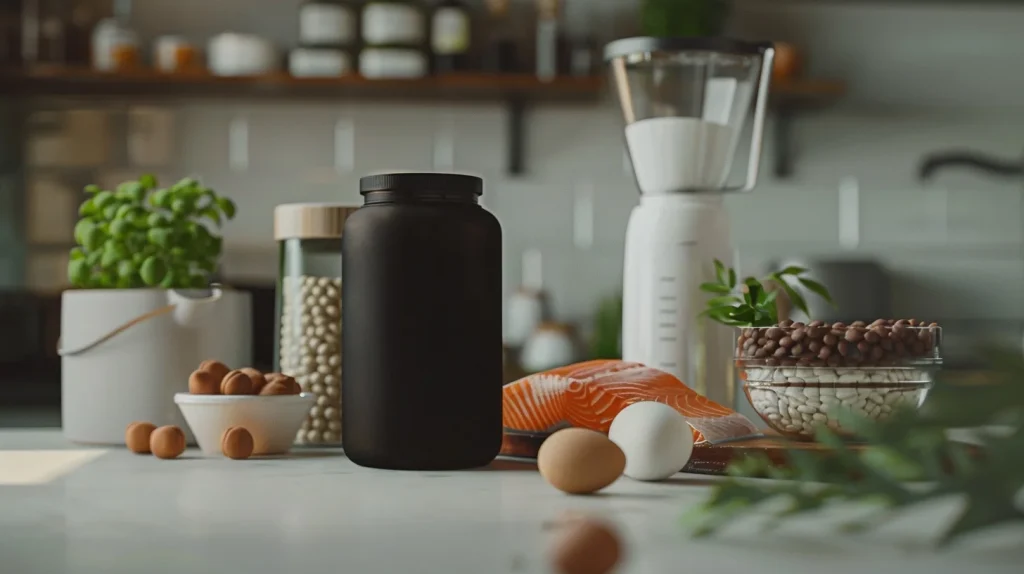 Plan de travail de cuisine esthétique avec des aliments riches en protéines naturelles (œufs, saumon, poulet, yaourt grec, noix, lentilles) à côté d'un shaker de protéines en poudre.