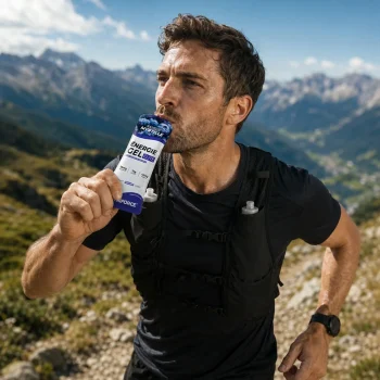 homme qui consomme le gel nutriforce pendant sa course a pied