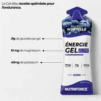 Gel course à pied Nutriforce saveur myrtille : 31 g de glucides, 10 mg de magnésium et 40 mg de potassium par gel, une recette pensée pour l'endurance