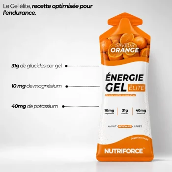 Gel course à pied Nutriforce saveur orange : 31 g de glucides, 10 mg de magnésium et 40 mg de potassium par gel, une recette pensée pour l'endurance