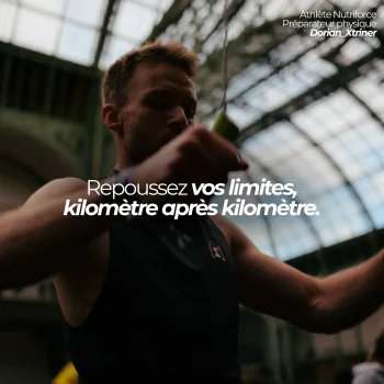 Dorian, préparateur physique spécialiste du Hyrox et athlète Nutriforce, en plein effort : un gel énergétique pour repousser ses limites kilomètre après kilomètre