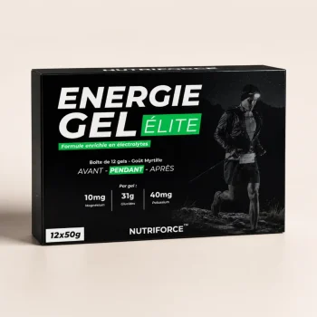 Boîte de 12 gels énergétiques Nutriforce Gel Endurance Élite goût myrtille, 31 g de glucides avec sodium, potassium et magnésium par gel de 50 g