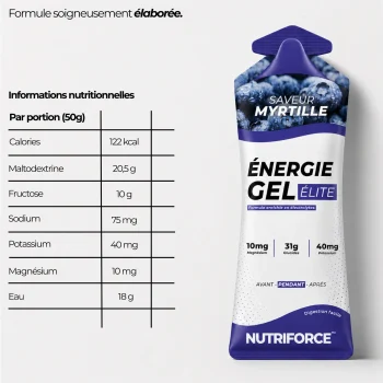Valeurs nutritionnelles du gel énergétique Nutriforce myrtille pour 50 g : 122 kcal, 20,5 g de maltodextrine, 10 g de fructose, 75 mg de sodium, 40 mg de potassium, 10 mg de magnésium
