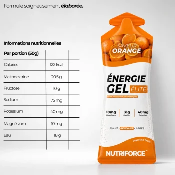 Valeurs nutritionnelles du gel énergétique Nutriforce orange pour 50 g : 122 kcal, 20,5 g de maltodextrine, 10 g de fructose, 75 mg de sodium, 40 mg de potassium, 10 mg de magnésium