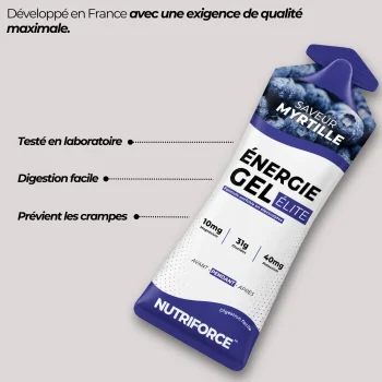 Gel running Nutriforce saveur myrtille développé en France, facile à digérer pendant l'effort, avec sodium, potassium et magnésium pour le trail et le marathon