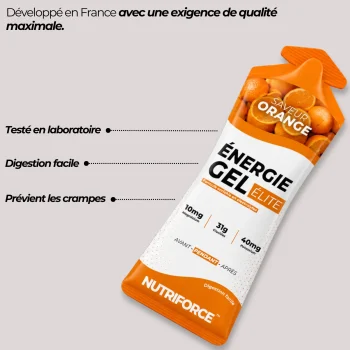 Gel running Nutriforce saveur orange développé en France, facile à digérer pendant l'effort, avec sodium, potassium et magnésium pour le trail et le marathon