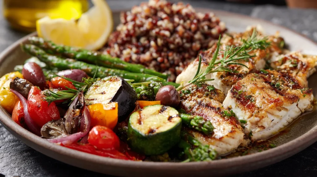 assiette méditerranéenne équilibrée — légumes colorés, poissons grillés, huile d'olive