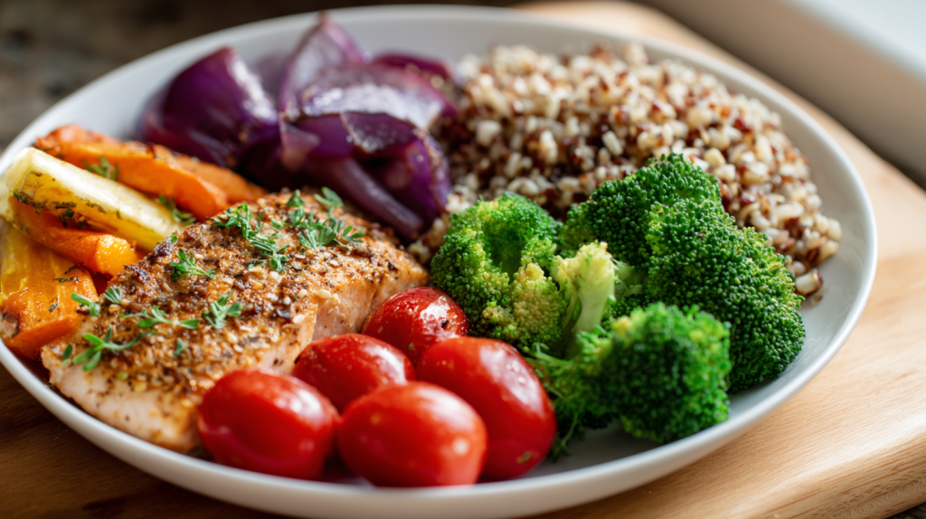 A balanced, colorful plate with vegetables, protein, and whole grains.