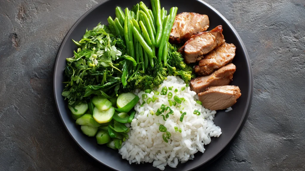 Assiette équilibrée avec une source de protéines, lipides, fibres, glucides