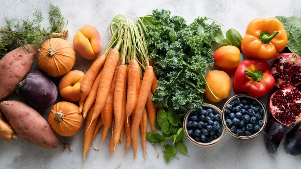 Aliments riches en bêta-carotène et en antioxydants, tels que carottes, patates douces, potirons, abricots, mangues, épinards, chou kale, poivrons rouges, tomates, myrtilles, grenades