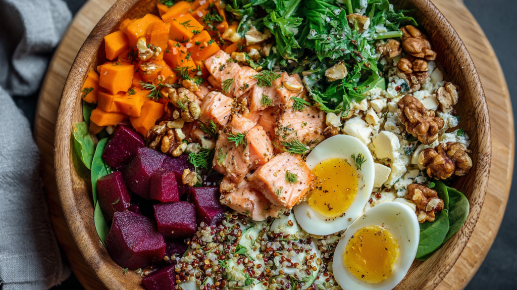 Repas équilibré coloré — légumes, protéines, céréales