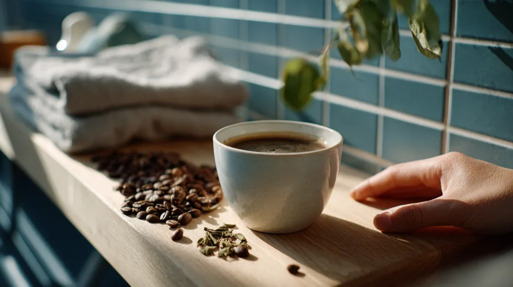 Une tasse de café et des sources naturelles de caféine comme des grains de café et des feuilles de thé vert