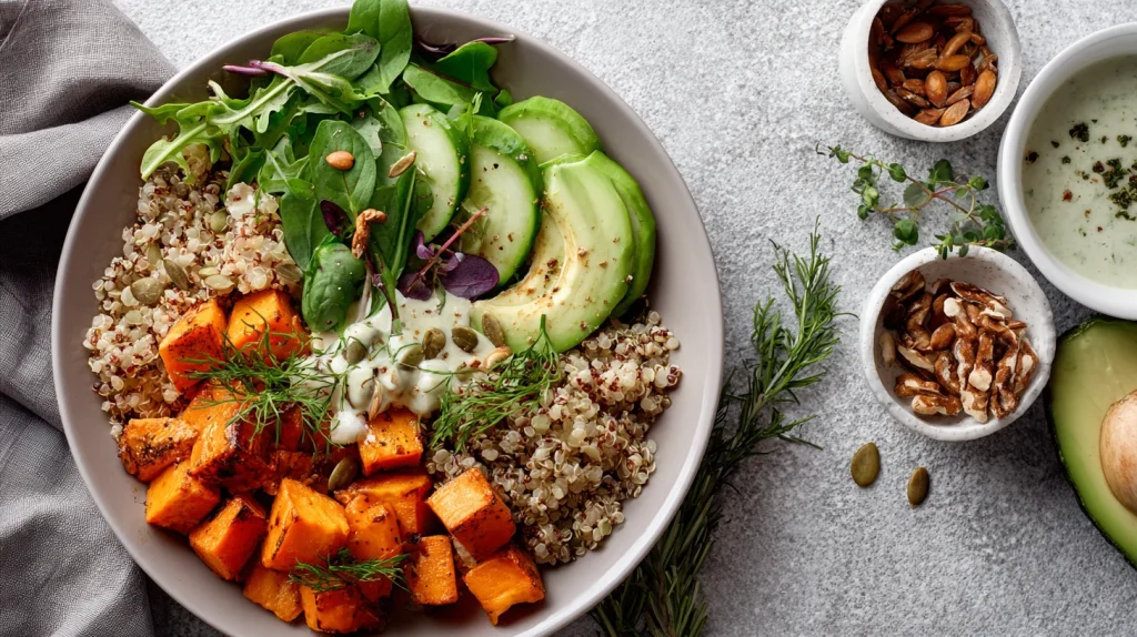 Flat lay d'une assiette équilibrée avec protéines, légumes et glucides complexes, sur fond neutre